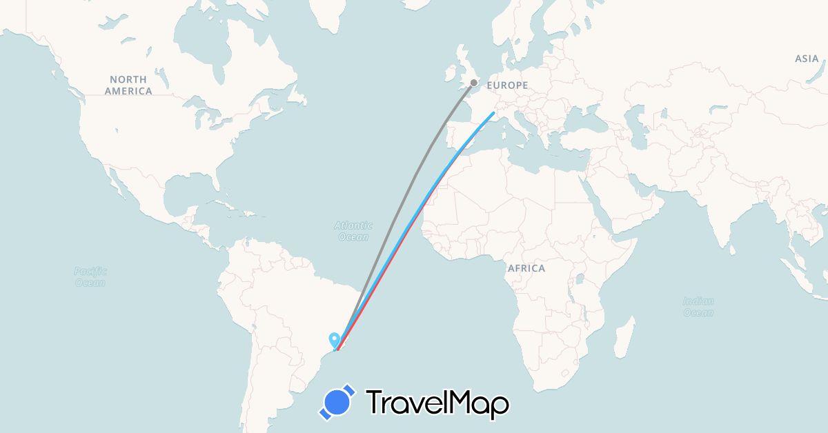 TravelMap itinerary: plane, hiking, boat in Brazil, France, United Kingdom (Europe, South America)